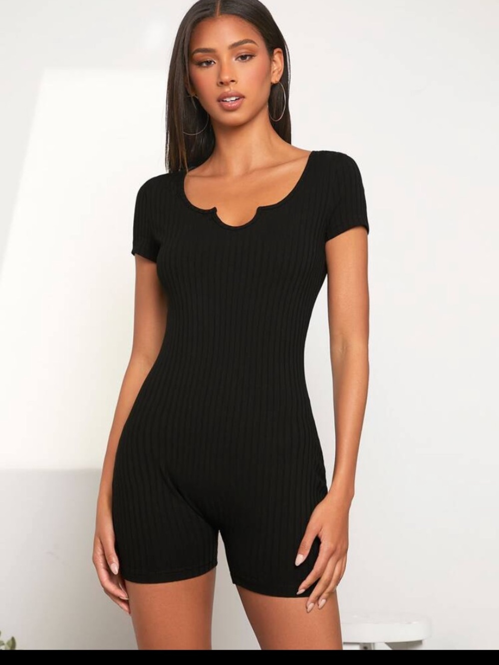 Black Ribbed Short Sleeve Scoop Neck Romper